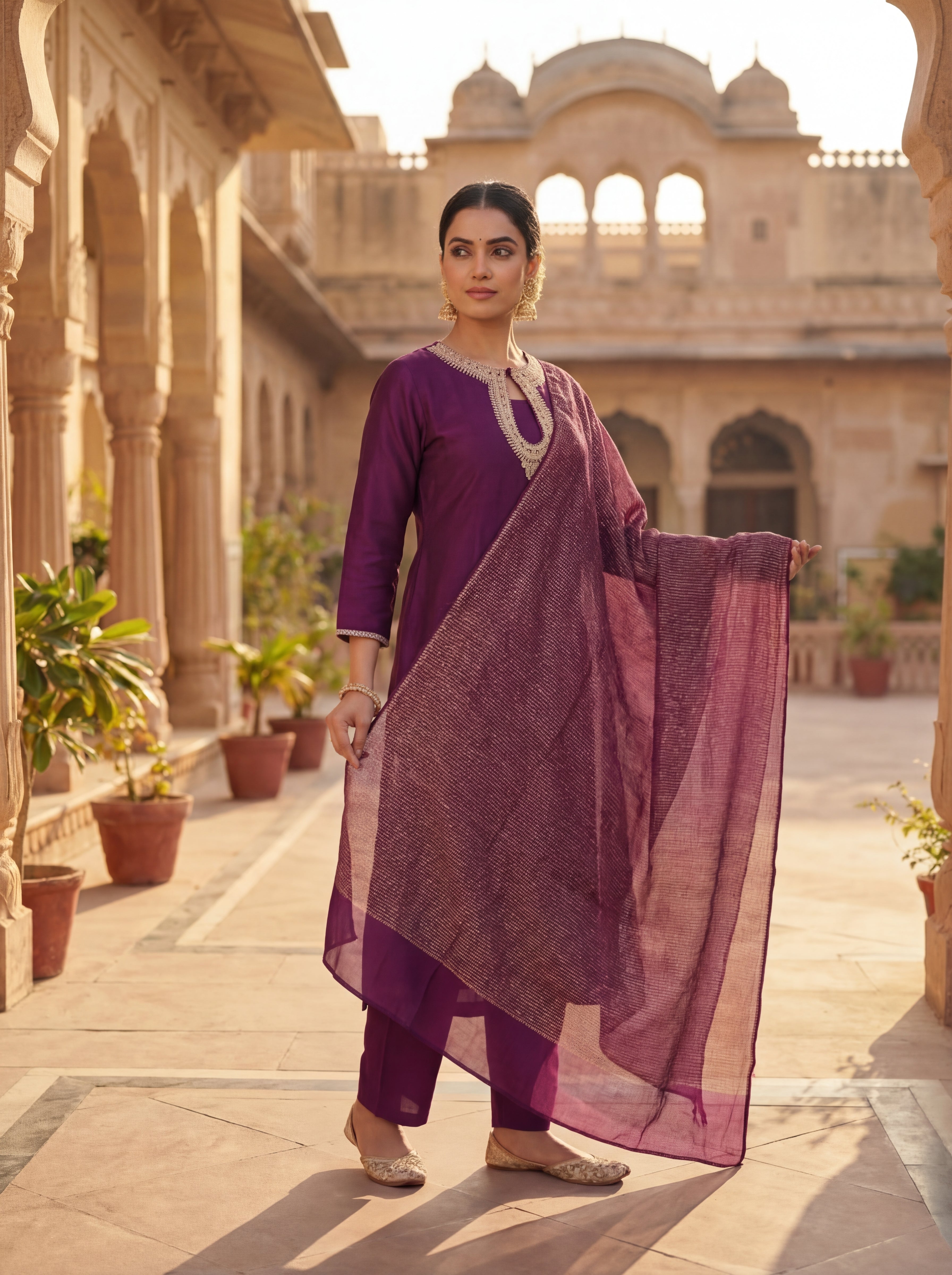 Elegant Purple Silk Blend Kurta Set with Embroidered Keyhole Neck & Zari Striped Dupatta | 3-Piece Festive Suit for Women