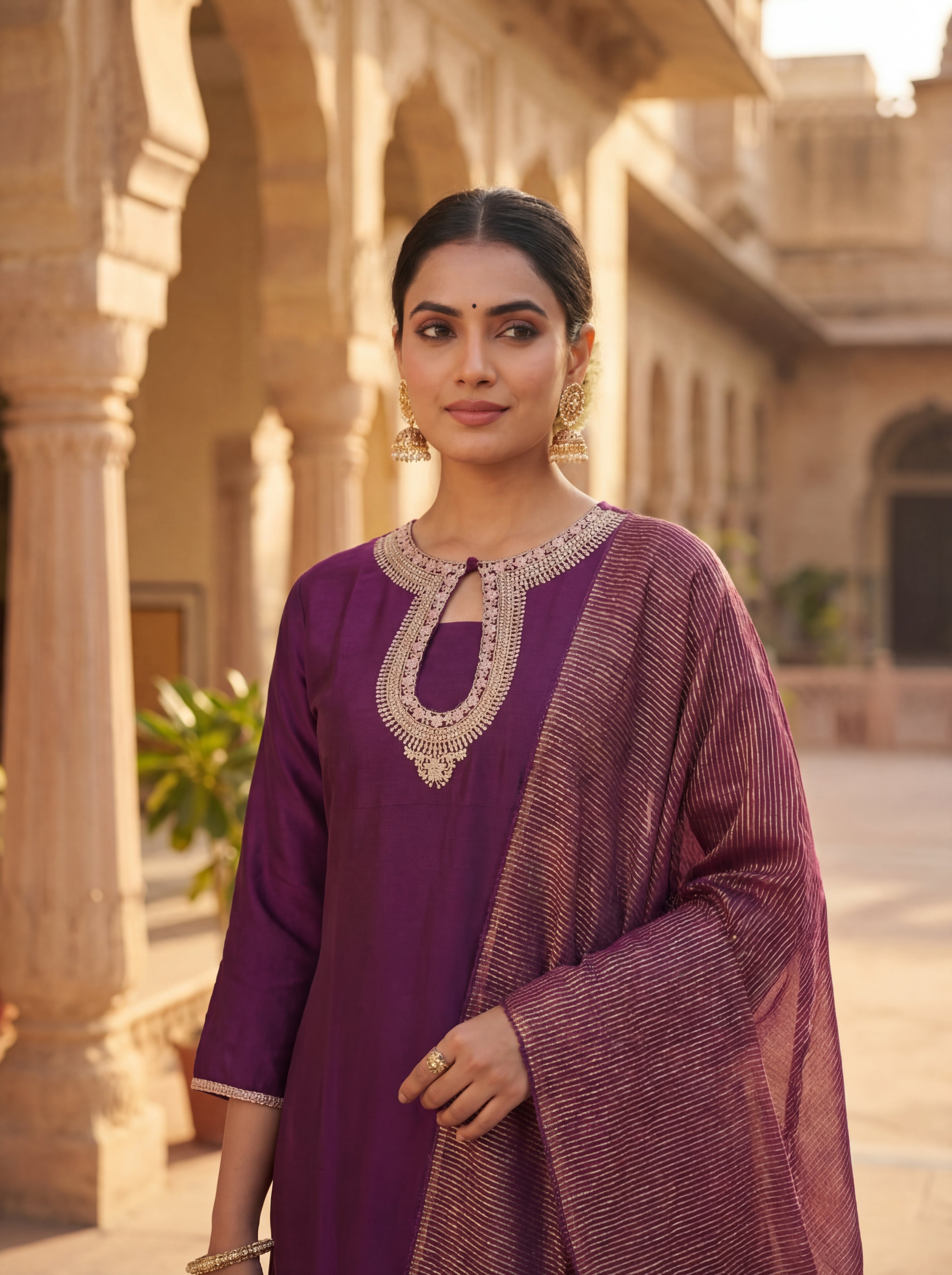 Elegant Purple Silk Blend Kurta Set with Embroidered Keyhole Neck & Zari Striped Dupatta | 3-Piece Festive Suit for Women
