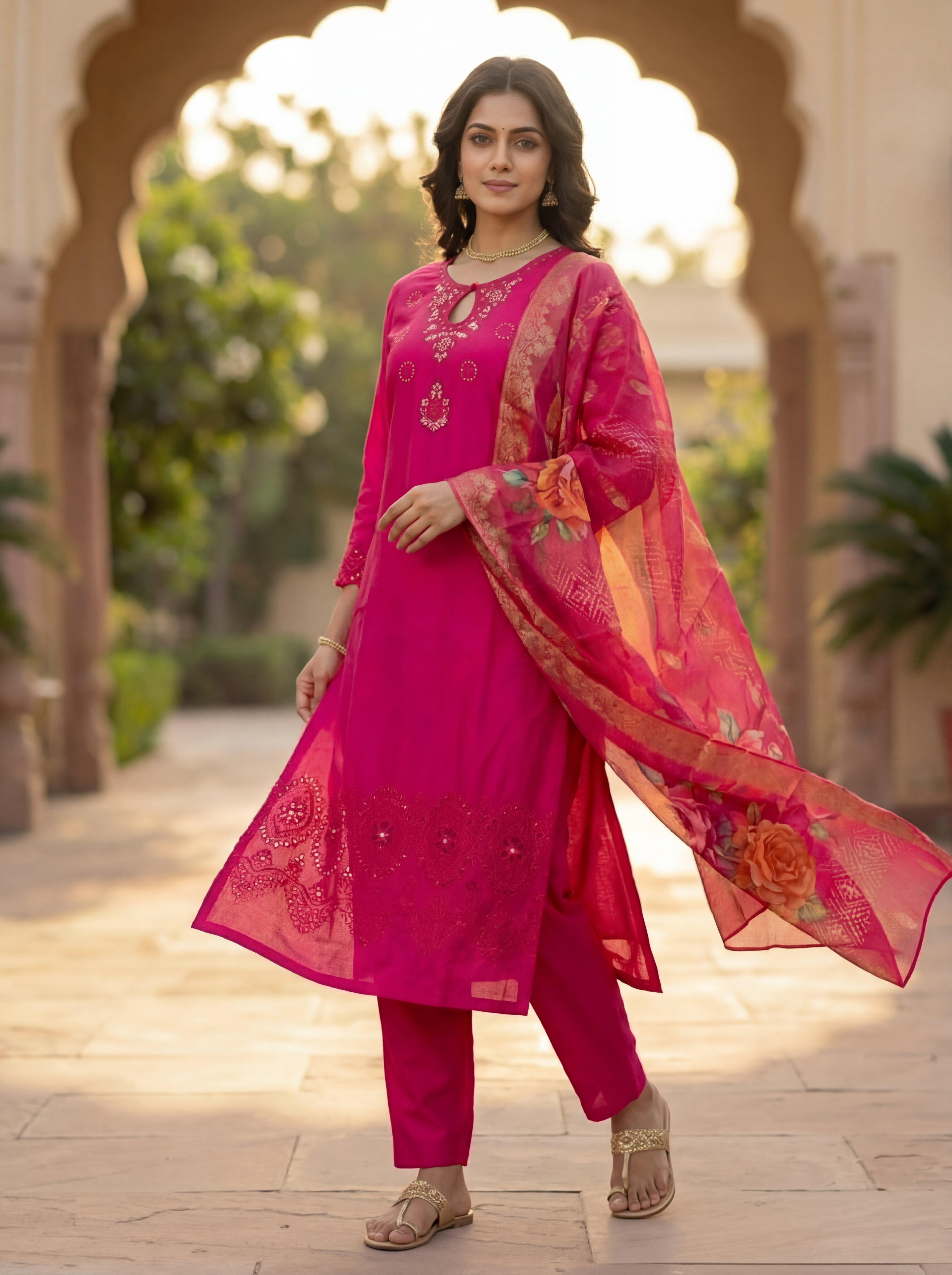 Women's Magenta Silk Blend Kurta Pant Set with Digital Rose Print Dupatta - Wedding & Festive Wear